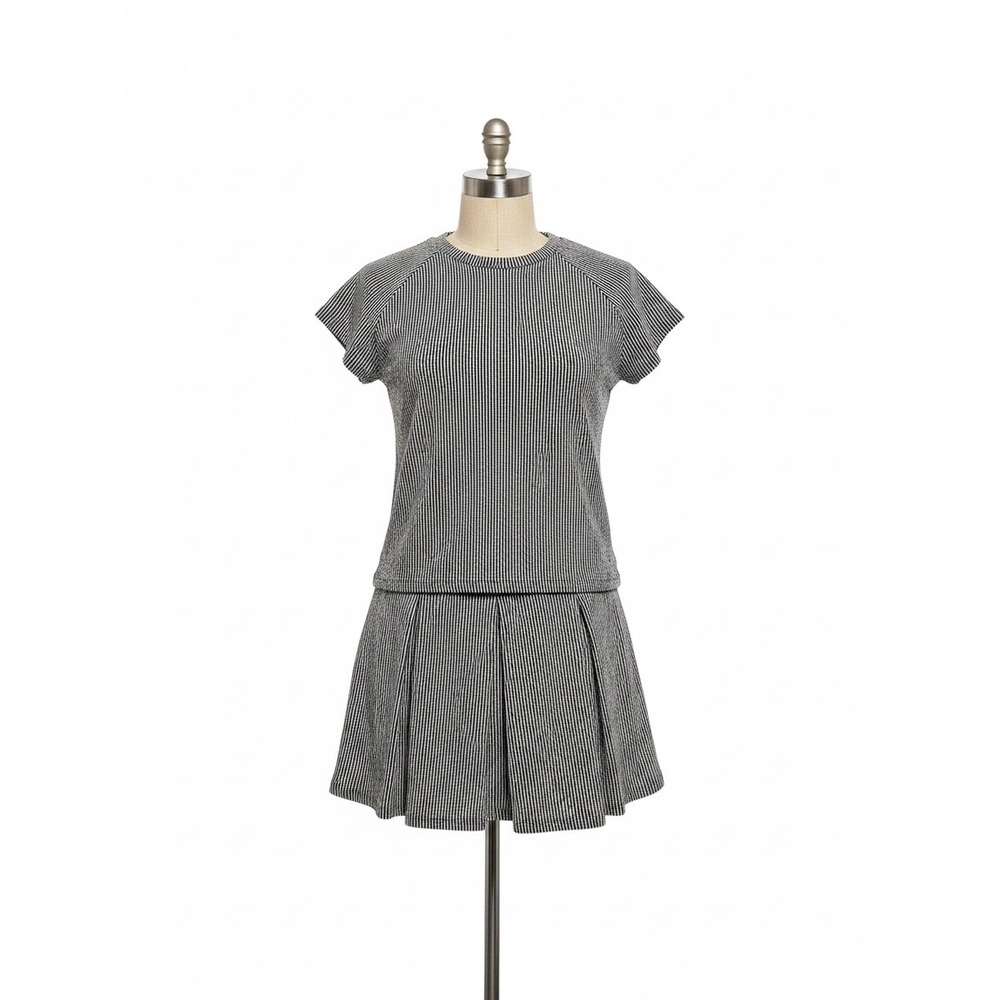 Evaless Womens 2 Piece Skort Set Striped Short Sleeve Top Pleated Skirt 2XL Grey